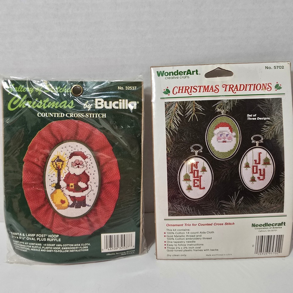 Bucilla Wonder Art Counted Cross Stitch Christmas Trio Ornament Santa Lamp Post‎